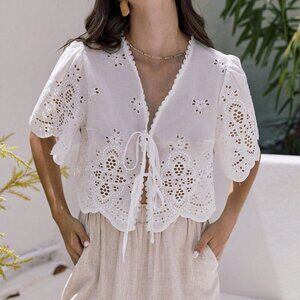White Boho Women's Summer Ruffle Sleeve Embroidery Fabric Lace Up Short Top